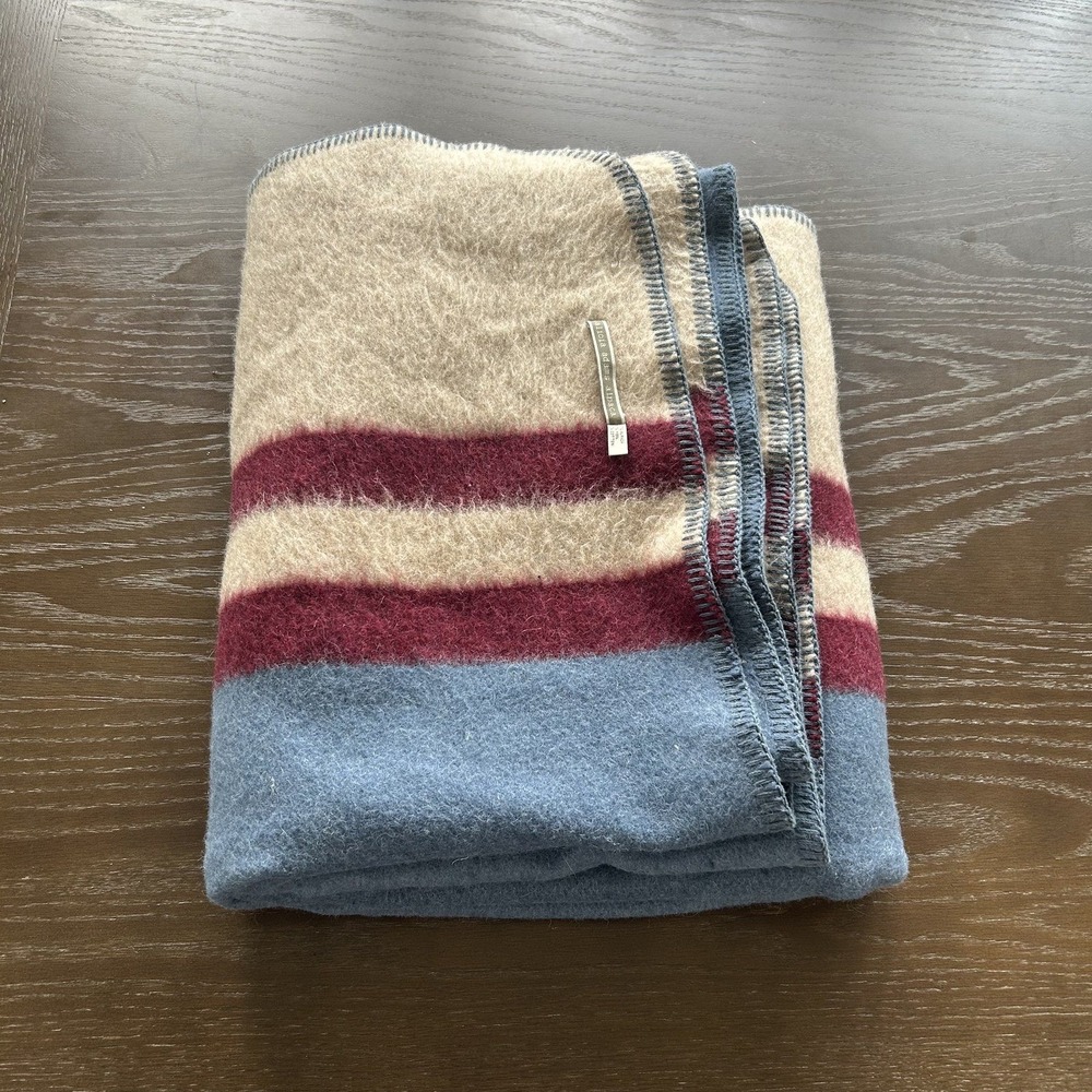 Alicia Adams Alpaca Striped Throw Blanket Blue Cream Burgundy Whipstitch Edge